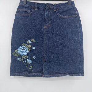Ann Taylor Jean Skirt Women 26 Blue Denim Embroidered Floral A Line Vintage Boho